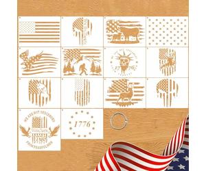 Gzfwthl 14 Pcs American Flag Stencil Reusable Star Stencils for Painting 1776 Military Templates We The People 50 Stars for Spray Paint on Wood Wall DIY Drawing Crafts Fabric Decoration