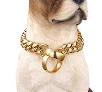 GZGLZDQ 18K Pet Dog Collar Necklace Silver Gold, 14MM Heavy Duty Cuban Dog Chain for Large Dogs, Strong Stainless Steel Metal Links Slip Chain Collar (Color : Gold, Size : 22inch/56cm)