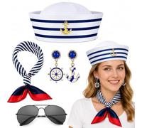 GZGRYTRC 4-Piece Sailor Hat Set,Nautical Costume Set, Sailor Outfit Accessories for Themed Parties and Cosplay Events, Includes Hat, Scarf, Glasses and Earrings for Complete Sailor Crew Hat