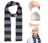 GZGRYTRC Bald Cap and Nose Scarf Set, Complete Gru Costume Accessories for Themed Parties, Includes Bald Cap Pitbull with Hairnet, Striped Scarf and Elongated Nose