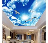 GZGZG Self-Adhesive Wallpaper 3D Mural Blue Sky White Clouds Seagull Ceiling Art Decorative Wall Painting for Living Room and Bedroom