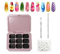 GZIXBDA 9 Grids Sponge Pat Paint Nail Gel Palette, Patting Ombre Gradient Gel Polish Organizer Box Travel Case with 50Pcs Nail Art Sponges Grabbing Pen Mixing Stick Tweezer, Pink