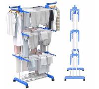 Gziztx Clothes Drying Rack 4-Tier Folding Clothes Airer, Stainess Steel Clothes Horse with Two Side Wings, Movable Wheels, Indoor Outdoor Use