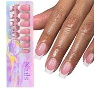 GZMAYUEN Press On Nails Square - 150Pcs French Tip False Nails, 3 IN 1 Soak Off Pink Nail Fake Tips for Gel Extensions in 15 Sizes