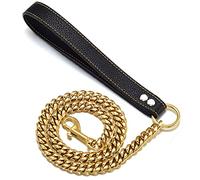 GZMZC Dog Chain Leash Gold 14MM Heavy Duty Dog Leash Chains with Leather Padded Handle for Medium Dogs Collar Chain (Total Length of 4ft)