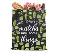 Gzrlyf Matcha Canvas Tote Bag First I Drink The Matcha Tea Lover Gift Green Tea Matcha Themed Reusable Grocery Shopping Bag (THE matcha tote bag)