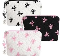 GZRXIOUS 3 Pcs Small Makeup Bag for Handbag, Small Make Up Bag with Pleated Embossed Texture, Bow & Pearl Pendant, Mini Makeup Bag for Trip Daily Outings and Home Storage