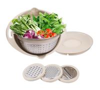 Gzsekken 2 Layer Rotatable Colander Set - Stainless Steel Colander with Mixing Bowl Set, Plastic Washing Basket, Vegetable Slicer - Beige