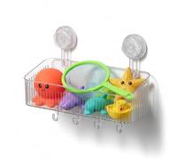 Gzsekken Bath Toy Storage Basket,Plastic Clear Bath Toy Holder Suction Cup with 4 Hooks No-Drilling Bath Caddy Tray for Toys Quick-Drain-Drying anti Mould Organiser for Lego