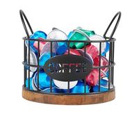 Gzsekken Coffee Pod Holder,Coffee Storage Basket for Counter Small Coffee Pod Holder with Wooden Base,Black Wire Pods & Espresso Capsules Holder,Bar Station Organizer 13cm x 13.5cm