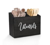 Gzsekken Kitchen Utensil Holder,Black Utensils Holder 2 Compartment,Wood Utensil Organiser for Kitchen Counter, Farmhouse Cutlery Caddy Cooking Tools Storage Caddy Utensil Container for Fork Spoon