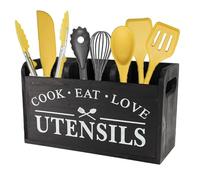 Gzsekken Kitchen Utensil Holder Rustic Utensils Holder Large 3 Compartments with Drainage Bottom Wooden Utensil Holder Cutlery Caddy Farmhouse Wooden Cooking Tools Storage for Countertop, Black