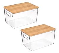 Gzsekken Plastic Storage Bins 2 Pack Kitchen Storage Box Stackable Cabinet Shelf Organiser with Bamboo Lid Kitchen Pantry Cabinet Perfect Snack Organisation- Clear/Natural