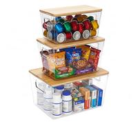 Gzsekken Plastic Storage Bins 3 Pack Kitchen Storage Box Stackable Cabinet Shelf Organiser with Bamboo Lid Kitchen Pantry Cabinet Perfect Snack Organisation- Clear/Natural