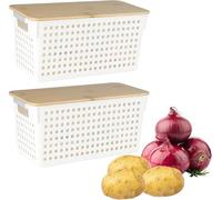 Gzsekken Potato Storage 2 Pack Vegetable Storage Bin Plastic Potato and Onion Storage Basket with Wooden Lid Large Capacity Fruit Produce Vegetable Pantry Organizers and Kitchen Storage Containers