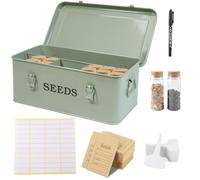 Gzsekken Seed Storage Box, Metal Seed Organiser with Safety Lock, 4 Compartment Garden Seeds Packet Container with 1 Pen, 12 Slots, 20 Labels & 30 Plant Envelopes, Heavy Duty Tin Gardening Gifts