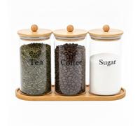 Gzsekken Tea Coffee Sugar Canisters Set of 3 Glass Kitchen Canisters for Kitchen Worktop, Airtight Storage Jars with Bamboo Lids, Pantry Storage for Tea Bags Coffee Beans Sugar Biscuits