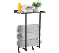 Gzsekken Wall Mounted Towel Rack,Towel Holder Towel Storage with Metal Shelf & 3 Hooks,Steel Towel Rack for Bathroom Wall, Can Hold 3 Large Size Rolled Towel Holder Organizer, Black