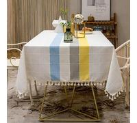 GZSLKSCD Fashion Stripe Designs Solid Decorative Linen Tablecloth With Tassels Rectangular W Dining Table Cover Tea Table Cloth-Sky Blue-90x90cm (Yellow Stripe 100x160cm)