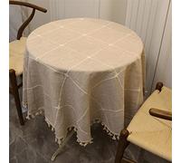 GZSLKSCD Rectangle Tablecloths Round Table Cloth Embroidered Grid Dining Tablecloths Cotton Linen Table Cover Tassel Tablecloth Home Decor (Khaki 120Cm)