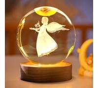 GZWY 3D Angel Bear Ball Night Light for Kids Glass Ball Night Lamp with Wood Base Fantasy Decor Crsytal Ball Rose Heart LED Galaxy Planet Nightlight Gift Bedroom Decor (Angel)