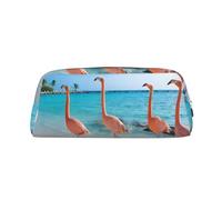 GZYL Flamingo on Beach printed Pencil Bag Leather Pencil Pouch Portable Pencil Case