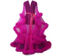 GZYMXFC Women Feather Robe,Sexy Bathrobe Tulle Lotus Leaf Long Sleeve,Mesh Sheer Lace Nightwear,Flared Sleeves Dressing Gown with Feather Trim-Hot Pink||One Size