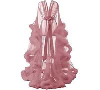 GZYMXFC Women Feather Robe,Sexy Bathrobe Tulle Lotus Leaf Long Sleeve,Mesh Sheer Lace Nightwear,Flared Sleeves Dressing Gown with Feather Trim-Light Pink||One Size
