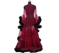 GZYMXFC Women Feather Robe,Sexy Bathrobe Tulle Lotus Leaf Long Sleeve,Mesh Sheer Lace Nightwear,Flared Sleeves Dressing Gown with Feather Trim-Wine Red||One Size