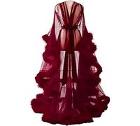 GZYMXFC Women Feather Robe,Sexy Bathrobe Tulle Lotus Leaf Long Sleeve,Mesh Sheer Lace Nightwear,Flared Sleeves Dressing Gown with Feather Trim-Red||One Size