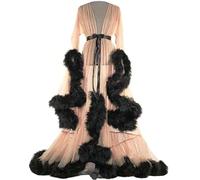 GZYMXFC Women Feather Robe,Sexy Bathrobe Tulle Lotus Leaf Long Sleeve,Mesh Sheer Lace Nightwear,Flared Sleeves Dressing Gown with Feather Trim-Beige||One Size