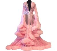 GZYMXFC Women Feather Robe,Sexy Bathrobe Tulle Lotus Leaf Long Sleeve,Mesh Sheer Lace Nightwear,Flared Sleeves Dressing Gown with Feather Trim-Pink||One Size