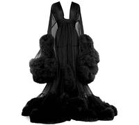 GZYMXFC Women Feather Robe,Sexy Bathrobe Tulle Lotus Leaf Long Sleeve,Mesh Sheer Lace Nightwear,Flared Sleeves Dressing Gown with Feather Trim-Black||One Size