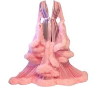 GZYMXFC Women's Vintage Feather Robe, Women's Tulle Robe, Long Bathrobe Party Wedding Dress, Perspective Maternity Tulle Robe, Photography Bathrobe-Pink||XXL