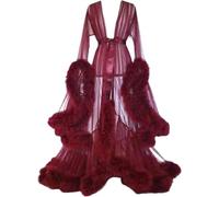 GZYMXFC Women's Vintage Feather Robe, Women's Tulle Robe, Long Bathrobe Party Wedding Dress, Perspective Maternity Tulle Robe, Photography Bathrobe-Wine Red||3XL