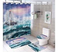GZYWLKJ Abstract Watercolor Lighthouse Shower Curtain Sets 4 Piece,Vintage Oil Painting Theme Lighthouse Sea Wave Bathroom Decor Sets with Rugs Include Non-Slip Toilet Lid Cover Bath Mat