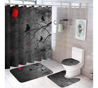 GZYWLKJ Gothic Crow Halloween 4 Pieces Shower Curtain Set,Retro Flying Black Birds Raven Crow Non-Slip Rugs Toilet Lid Cover Bath Mat and Bathroom Curtain