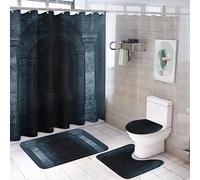 GZYWLKJ Retro Castle Arch Shower Curtain Sets 4 Piece,Horror Mid Century Gothic Misty Stone Castle Ruins Bathroom Decor Sets with Rugs Include Non-Slip Toilet Lid Cover Bath Mat