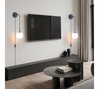 GZZBMY Lights Creative Plug in Wall Sconces Set of 2 Stick on Wall Light with Plug in Cord Hanging Glass Globe Sconces Corded Mid Century Wall Lamp for Bedroom Living Room (Black-Two-Piece)