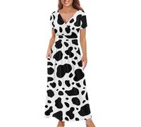 Gzzxiailg Womens Fall Dresses Short Sleeve V-Neck Maxi Dress with Pockets Empire Pleated Waist Swing Dress for Wedding Guest, Cow, 3XL