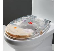 H,3D Effects Ocean Series Resin Toilet Seats, Slow Close Toilet Seat with Stainless Steel Hinges, Quick-Release, Easy to Clean, Quiet Close Toilet Seat with Real Shells and Gravel, Round