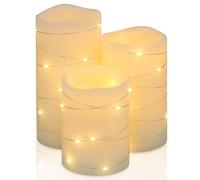 H-Blossom Flickering Flameless Candles Ivory Real Wax Pillar with Embedded String Lights LED Candles Battery Operated with Cycling 5H Timer Set of 3 (3" x 4"/5"/6") (Ivory)