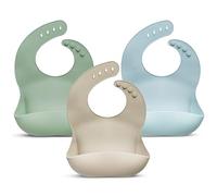 H&CO 3 Pack Silicone Baby Bibs, Pastel Green/Cream/Blue, 6 months onwards, Adjustable Fit Waterproof with Deep Pockets, Dishwasher Safe, Easy Wipe Baby Feeding Bibs, BPA & Phthalate Free