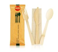 H&Co Bamboo Cutlery Set | 100 Sets of Fork, Spoon, Knife, and Napkin