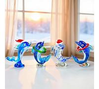 H&D HYALINE & DORA Set of 4 Blown Glass Dolphins Figurines with Hat Decorative Tiny Glass Animals Collectible Gifts for Home Table