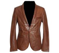 H.E Charlie Tan Men's One Button Smart Casual Real Vintage Italian Lambskin Leather Shawl Collar Blazer Jacket (Medium)