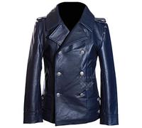 H.E German Naval Blue Men's Military Style WW2 Double Breasted Real Cowhide Leather Winter Jacket Pea Coat (SIZES: XS TO 5XL Available) (M)