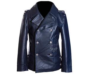 H.E German Naval Blue Men's Military Style WW2 Double Breasted Real Cowhide Leather Winter Jacket Pea Coat (SIZES: XS TO 5XL Available) (3XL)