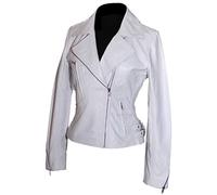 H.E Hillary White Ladies Biker Style Retro Designer Real Italian Washed Lambskin Leather Fashion Jacket (Sizes: 8 to 22 Available) (Size: 8)