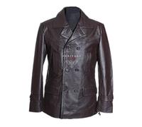 H.E Kriegsmarine Brown Men's German Reefer WW2 Military Cowhide Leather Deck Jacket Pea Coat (L)